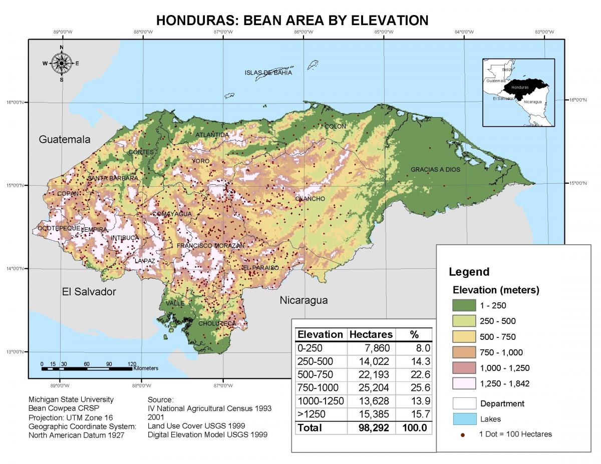mapa ng Honduras elevation
