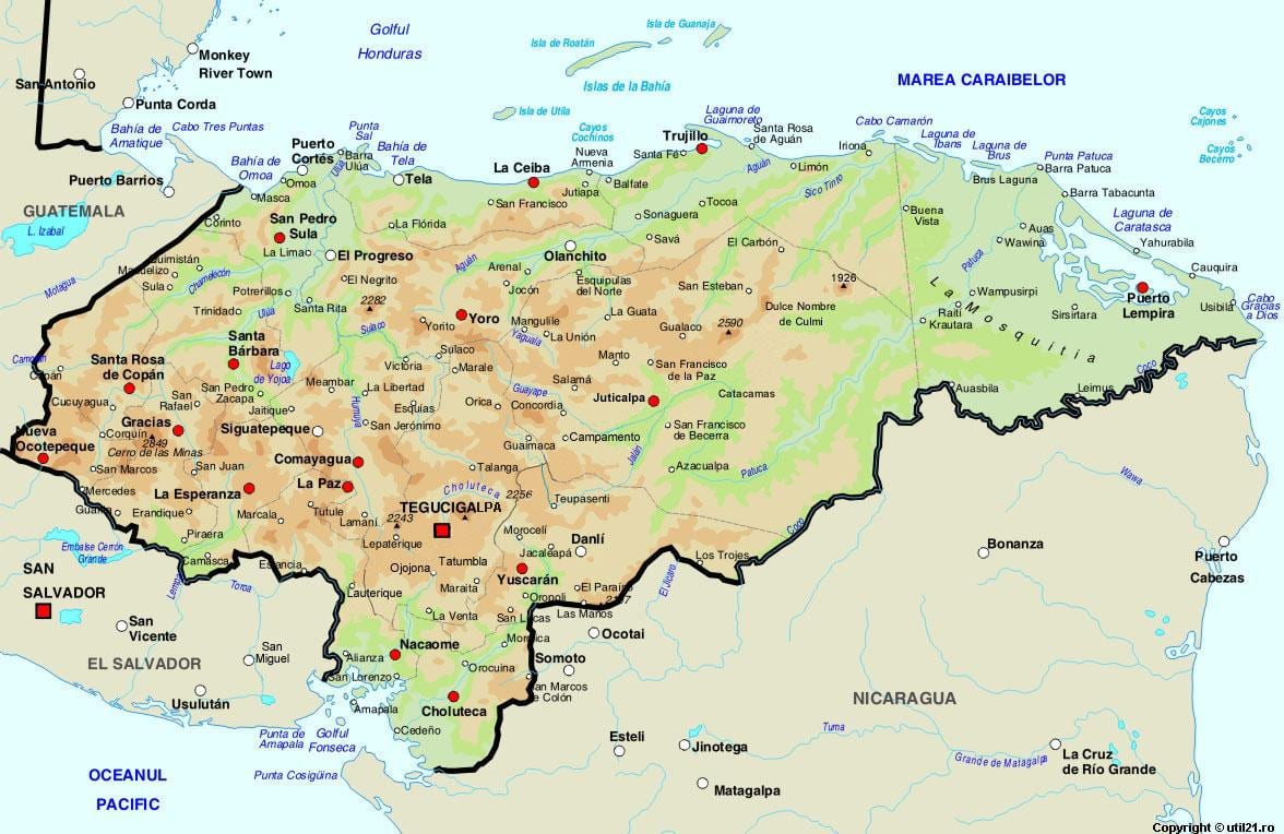 mapa ng Honduras at mga nakapaligid na mga bansa