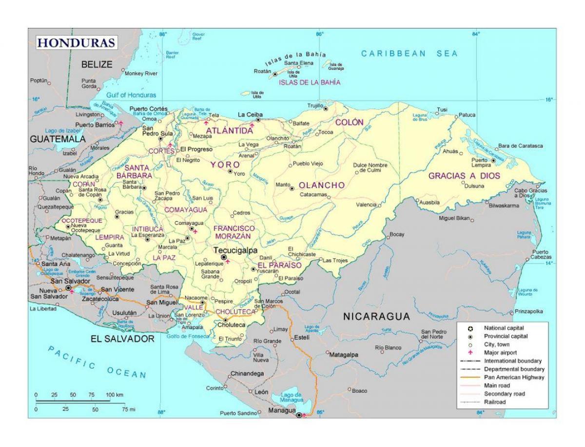 Honduras mapa na may mga lungsod
