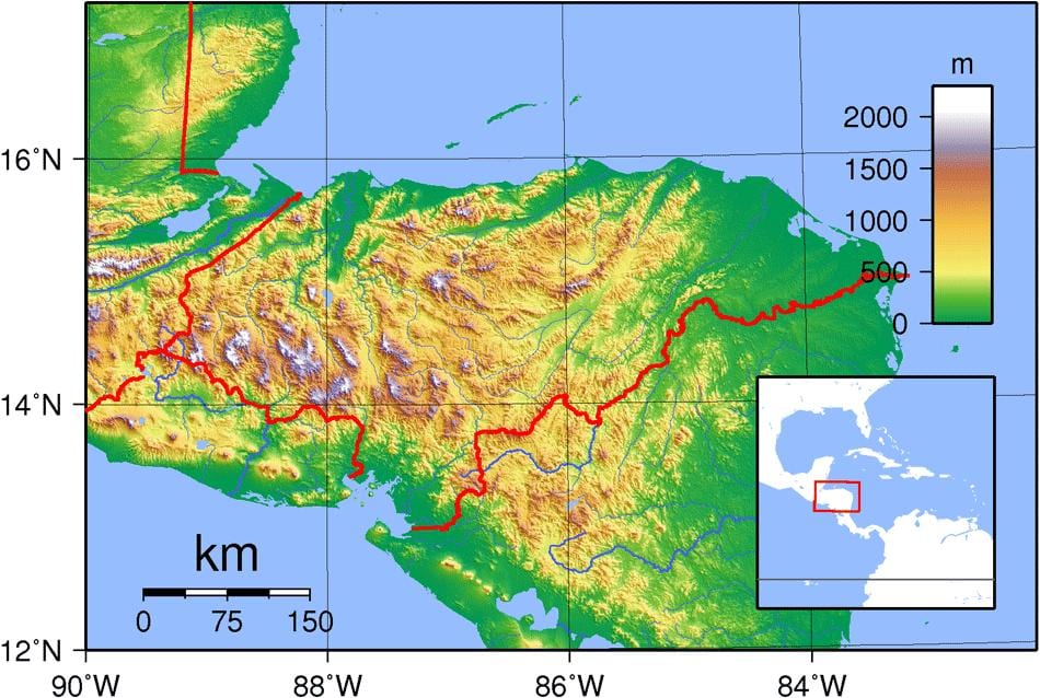 mapa ng Honduras topographic